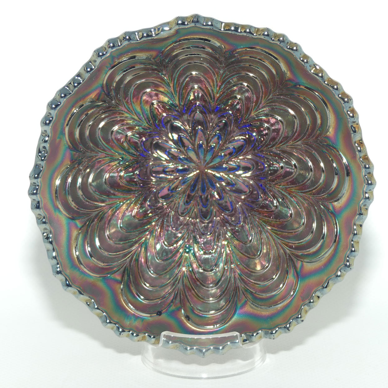 Fenton Carnival Glass bowl | Peacock Tail pattern | Green on Blue colour