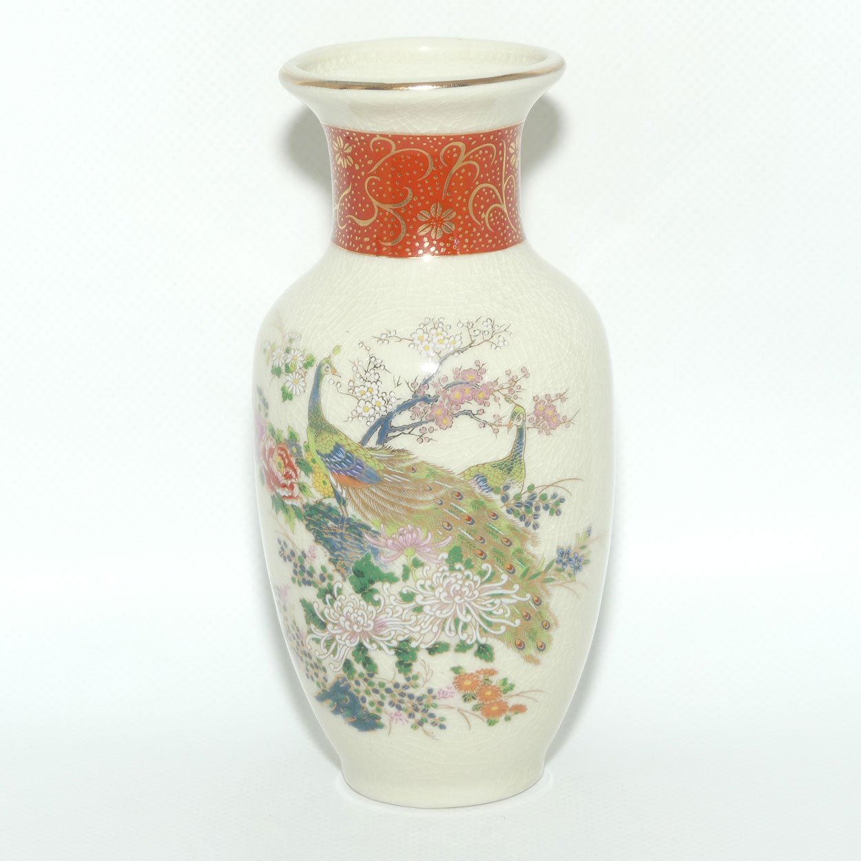 Mid 20th Century Satsuma vase depicting Peacocks and Chrysanthemums | Small | 15.5cm tall