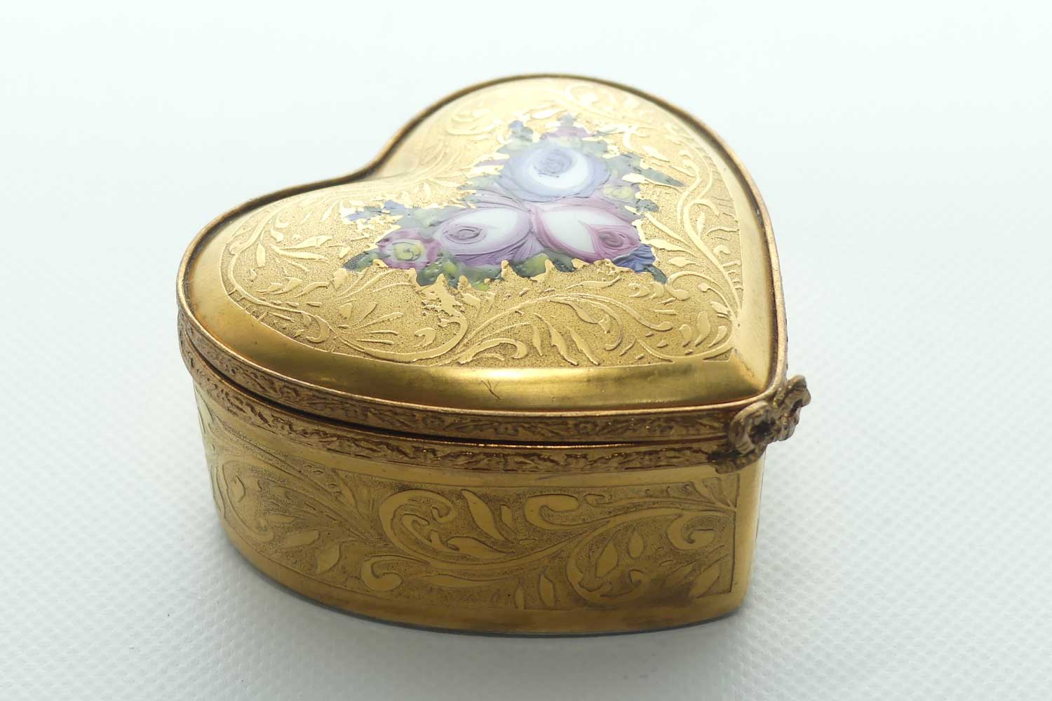 Limoges France Peint Main Heavily Gilt with Floral decor Heart shaped trinket box