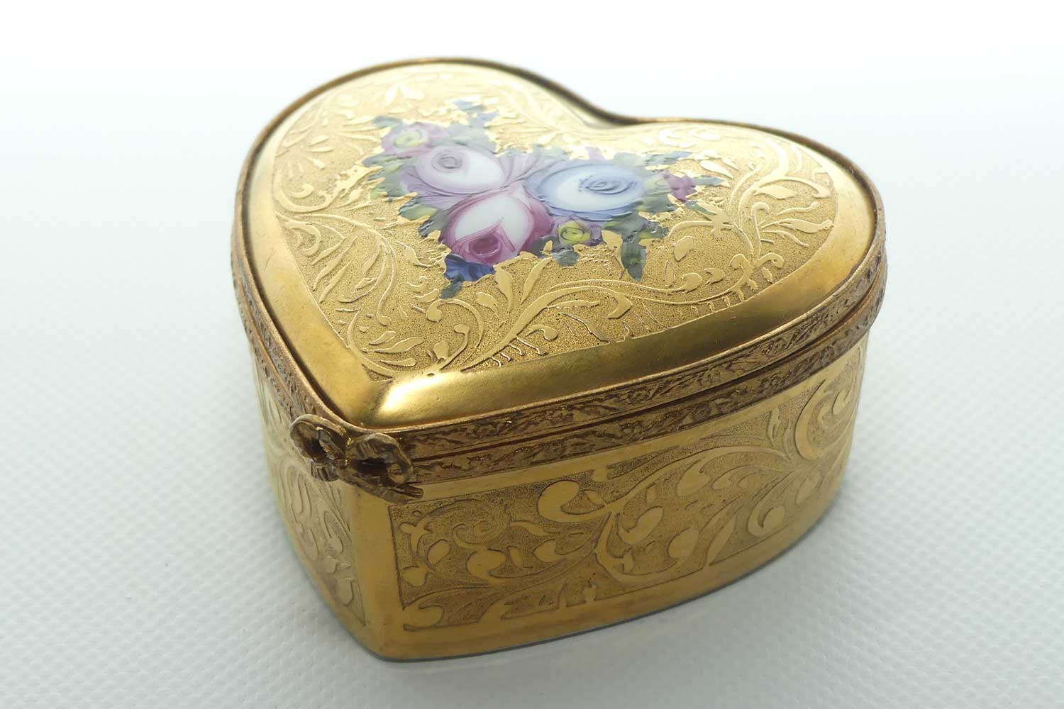 Limoges France Peint Main Heavily Gilt with Floral decor Heart shaped trinket box