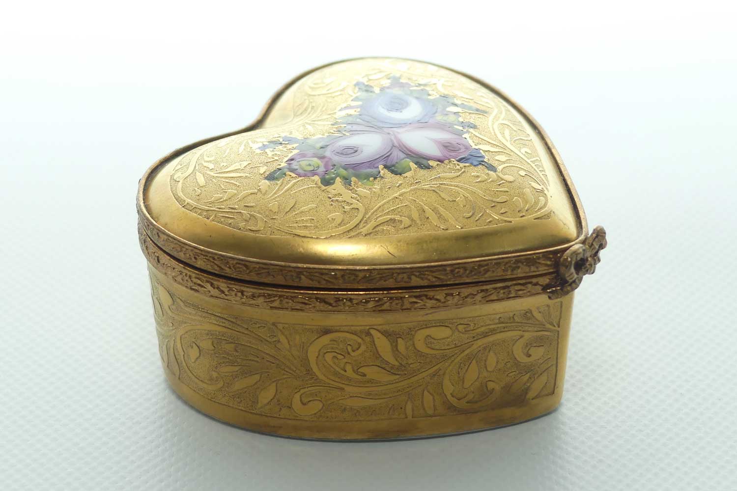Limoges France Peint Main Heavily Gilt with Floral decor Heart shaped trinket box