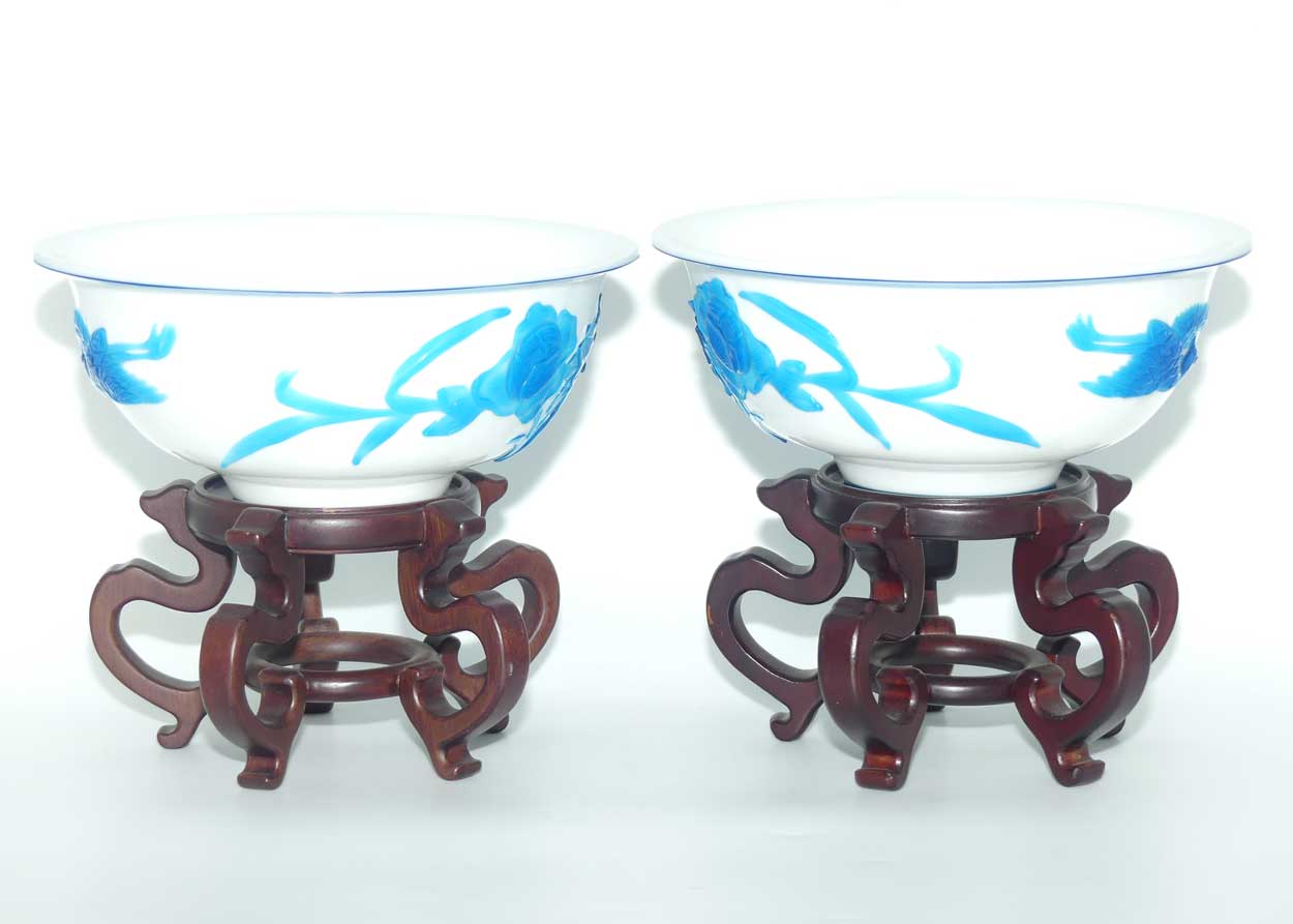 Pair of Peking Glass bowls on wooden stands | Blue over Milk Glass | Qing Dynasty