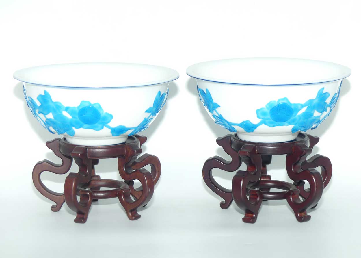 Pair of Peking Glass bowls on wooden stands | Blue over Milk Glass | Qing Dynasty