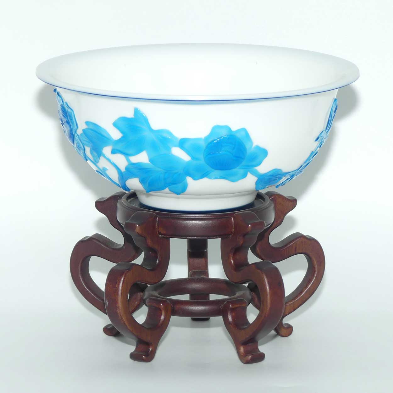 Pair of Peking Glass bowls on wooden stands | Blue over Milk Glass | Qing Dynasty
