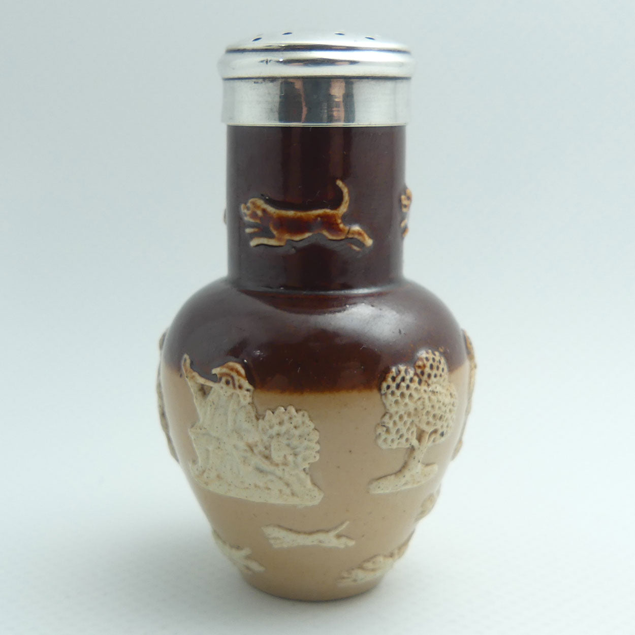 Doulton Lambeth Harvest Hunting pepper pot with Sterling Silver collar and lid | #1 | Birmingham 1898