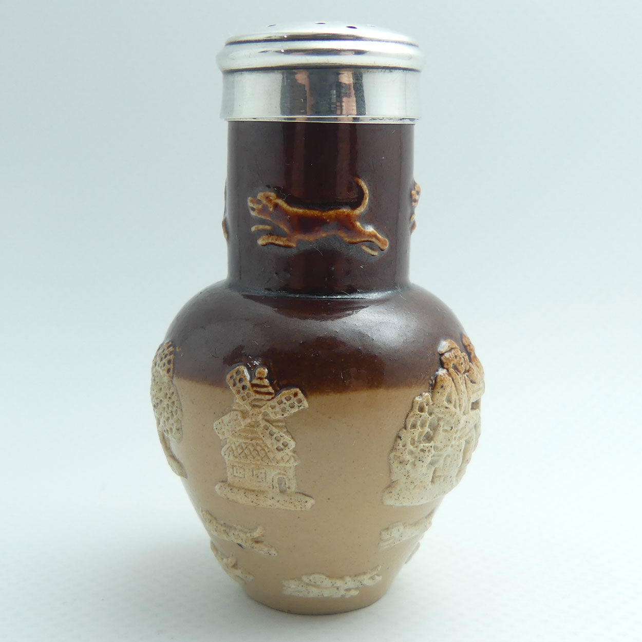 Doulton Lambeth Harvest Hunting pepper pot with Sterling Silver collar and lid | #1 | Birmingham 1898