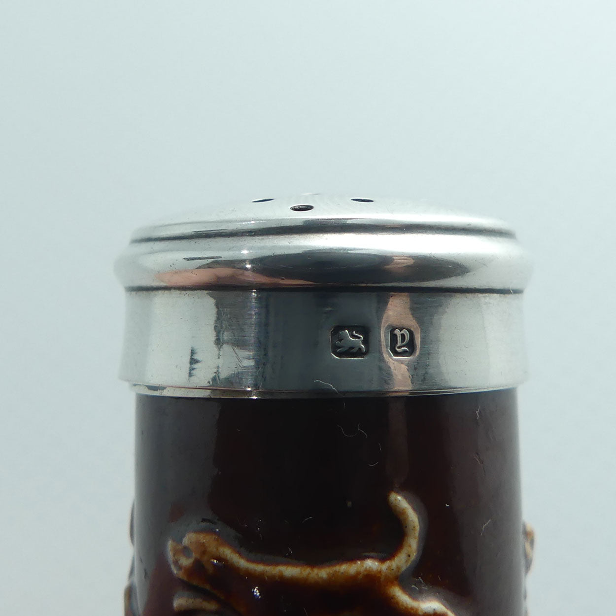 Doulton Lambeth Harvest Hunting pepper pot with Sterling Silver collar and lid | #1 | Birmingham 1898