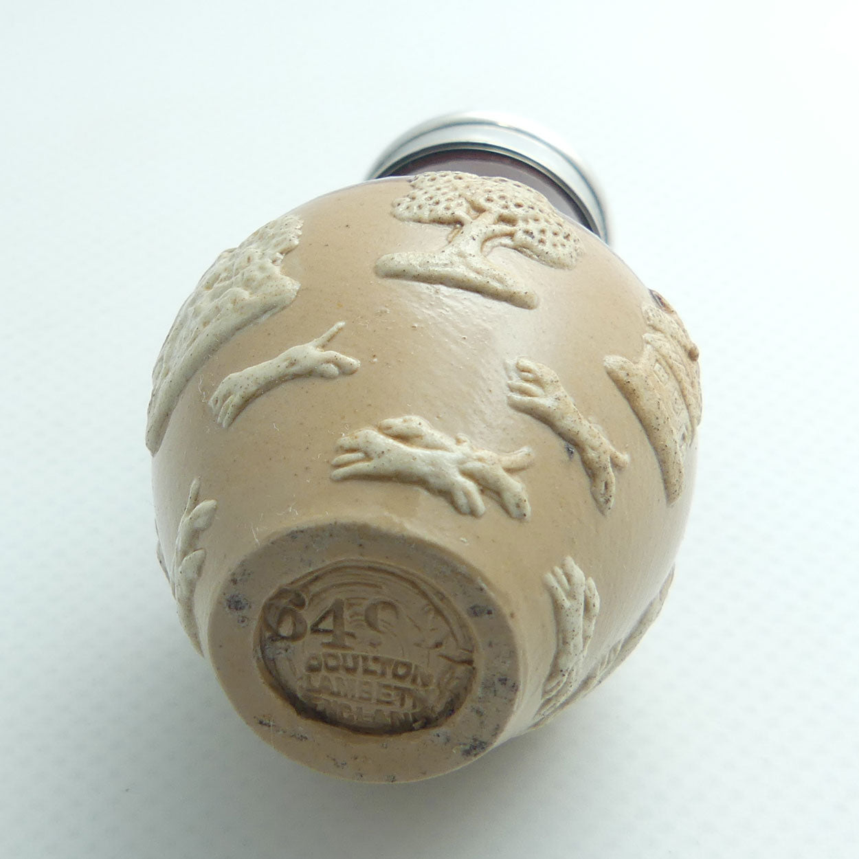 Doulton Lambeth Harvest Hunting pepper pot with Sterling Silver collar and lid | #1 | Birmingham 1898