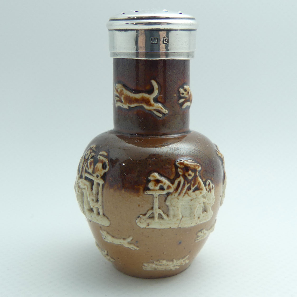 Doulton Lambeth Harvest Hunting pepper pot with Sterling Silver collar and lid | #2 | Birmingham 1898