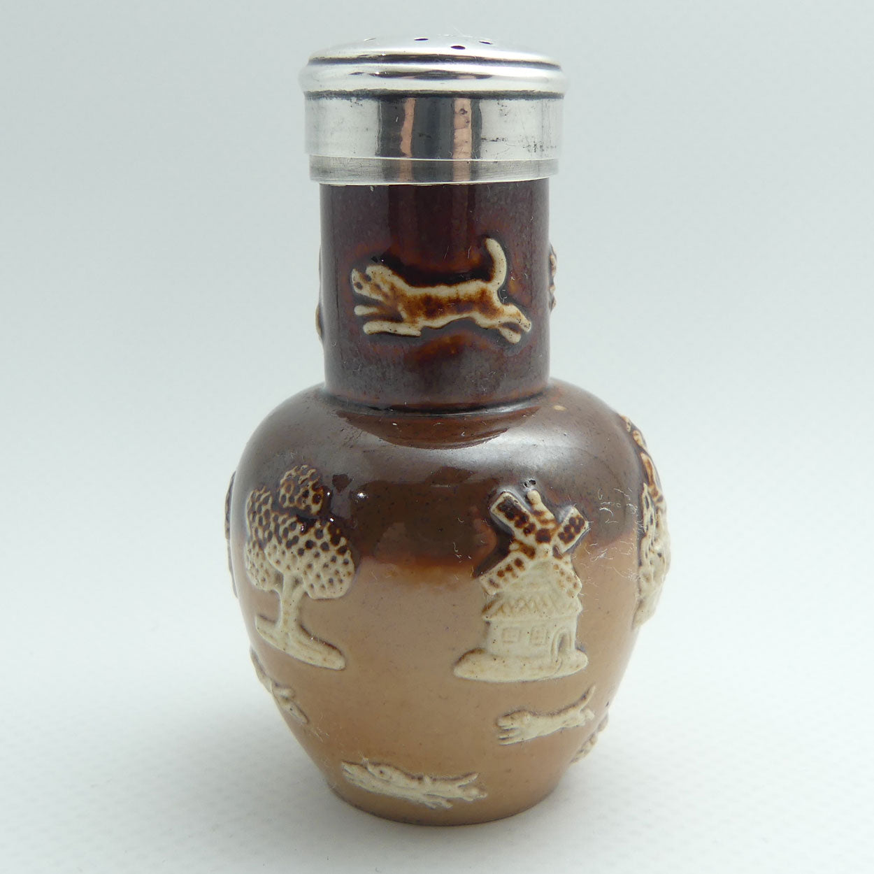 Doulton Lambeth Harvest Hunting pepper pot with Sterling Silver collar and lid | #2 | Birmingham 1898