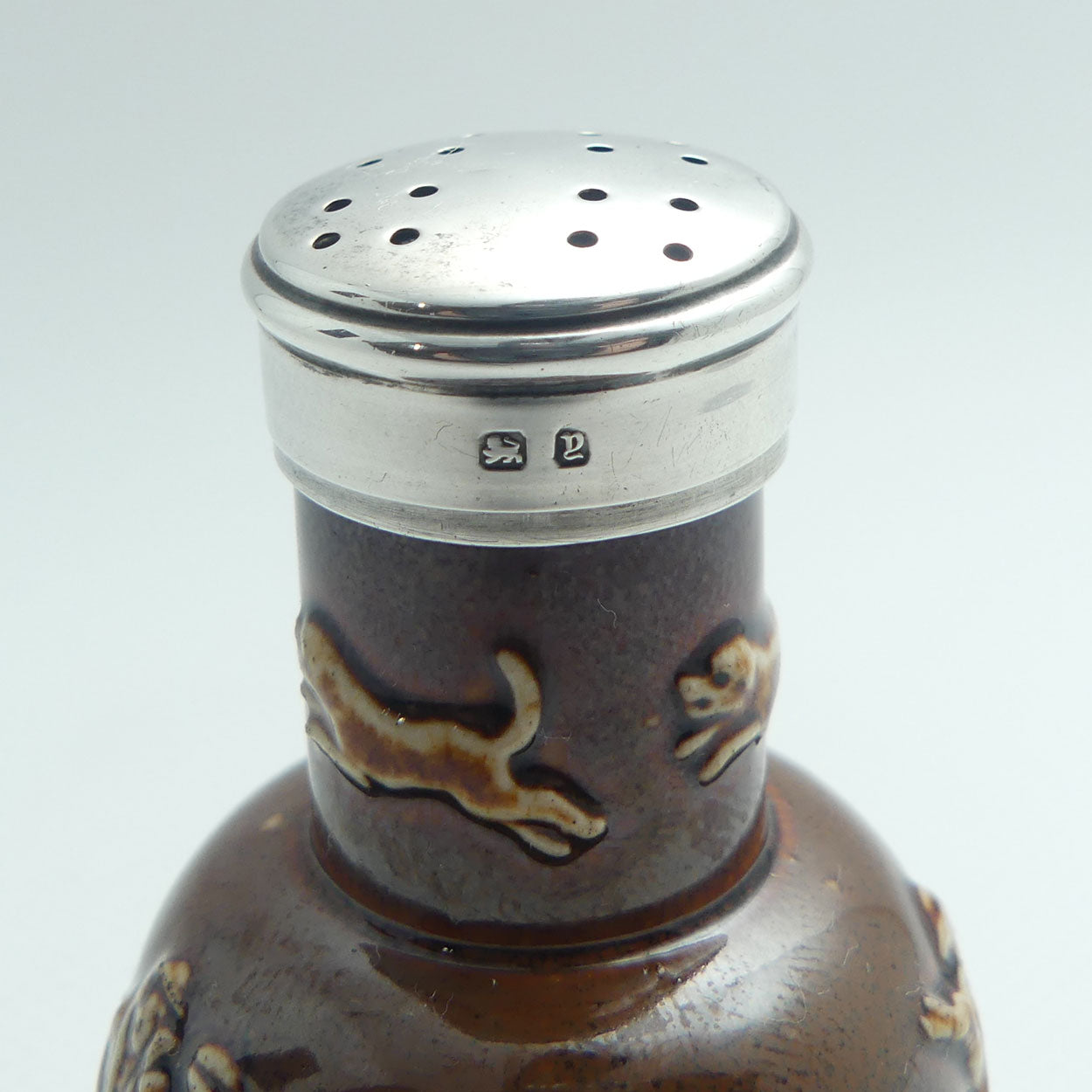 Doulton Lambeth Harvest Hunting pepper pot with Sterling Silver collar and lid | #2 | Birmingham 1898