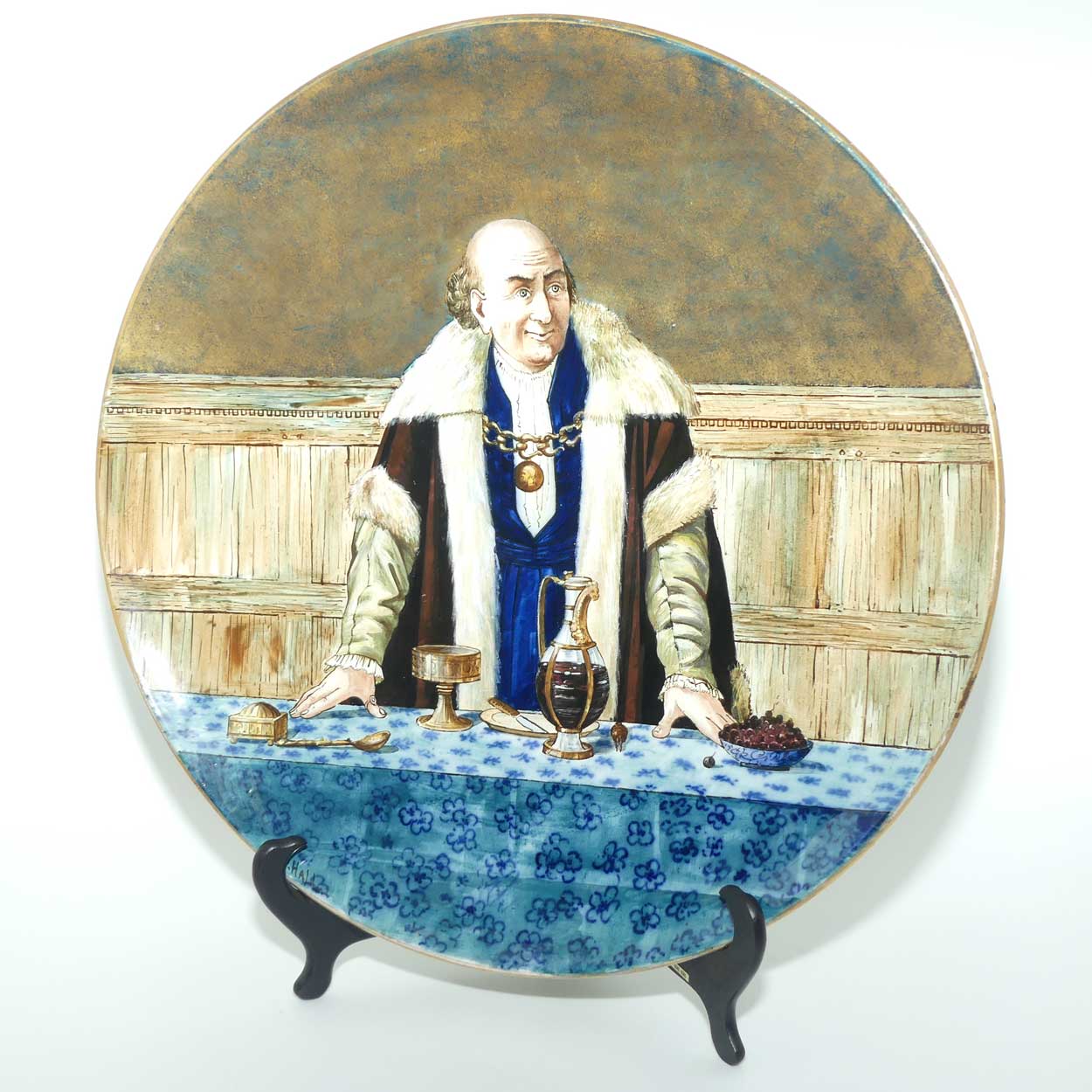 Doulton Burslem Faience | Pinder Bourne charger | Christmas with the Guild | Mr Chairman and Gentleman after Henry Stacy Marks RA signed to rear by Lizzie Haughton c.1881 - 1883