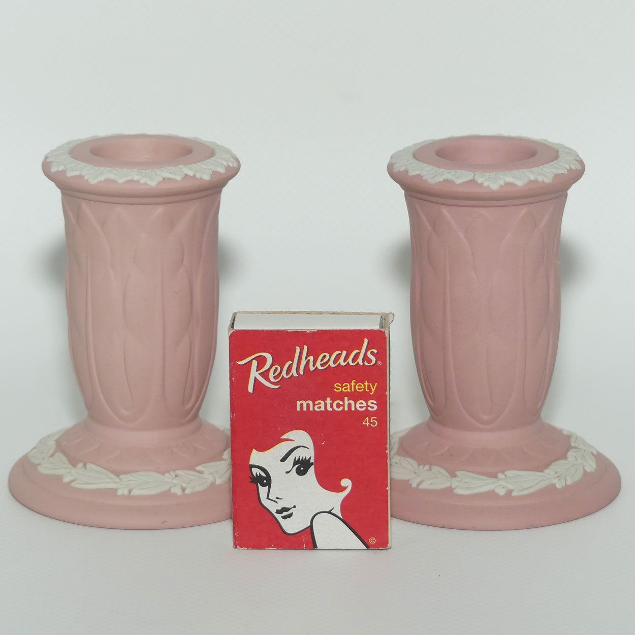 Wedgwood Jasper pair of candlesticks | White on Pink