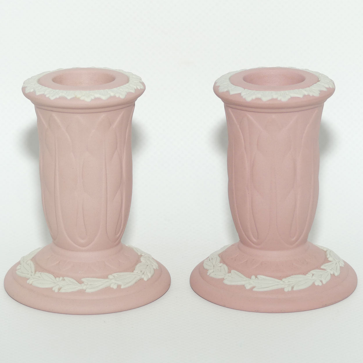 Wedgwood Jasper pair of candlesticks | White on Pink