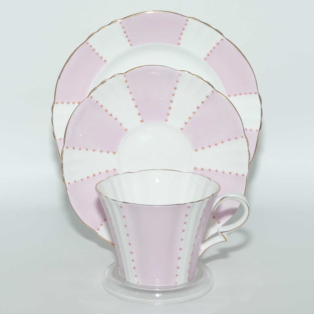 Royal Standard Pink Bands and Applied Dots tea trio | Deco handle