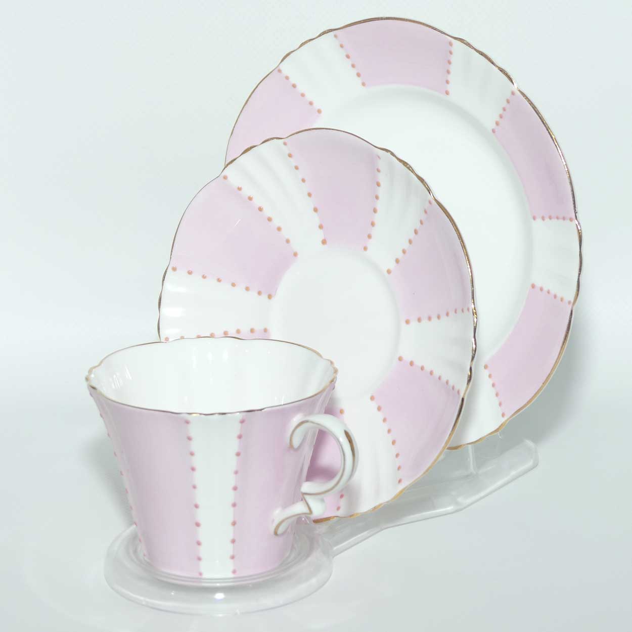 Royal Standard Pink Bands and Applied Dots tea trio | Deco handle