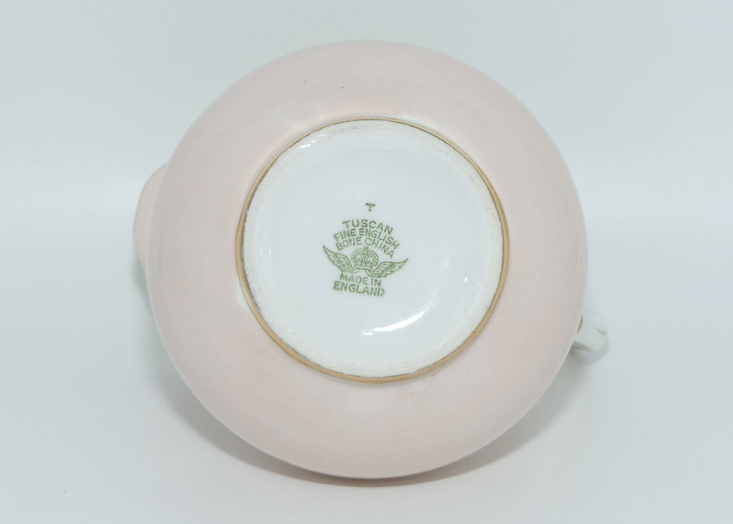 Tuscan Fine English Bone China Pink and Gilt Swirl milk and sugar | Fancy handle | Yellow Interior
