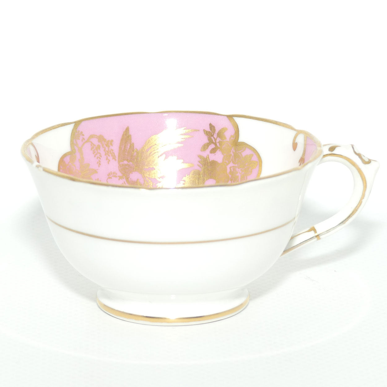 Tuscan Bone China demi tasse duo | Pink and White with gilt Bird pattern