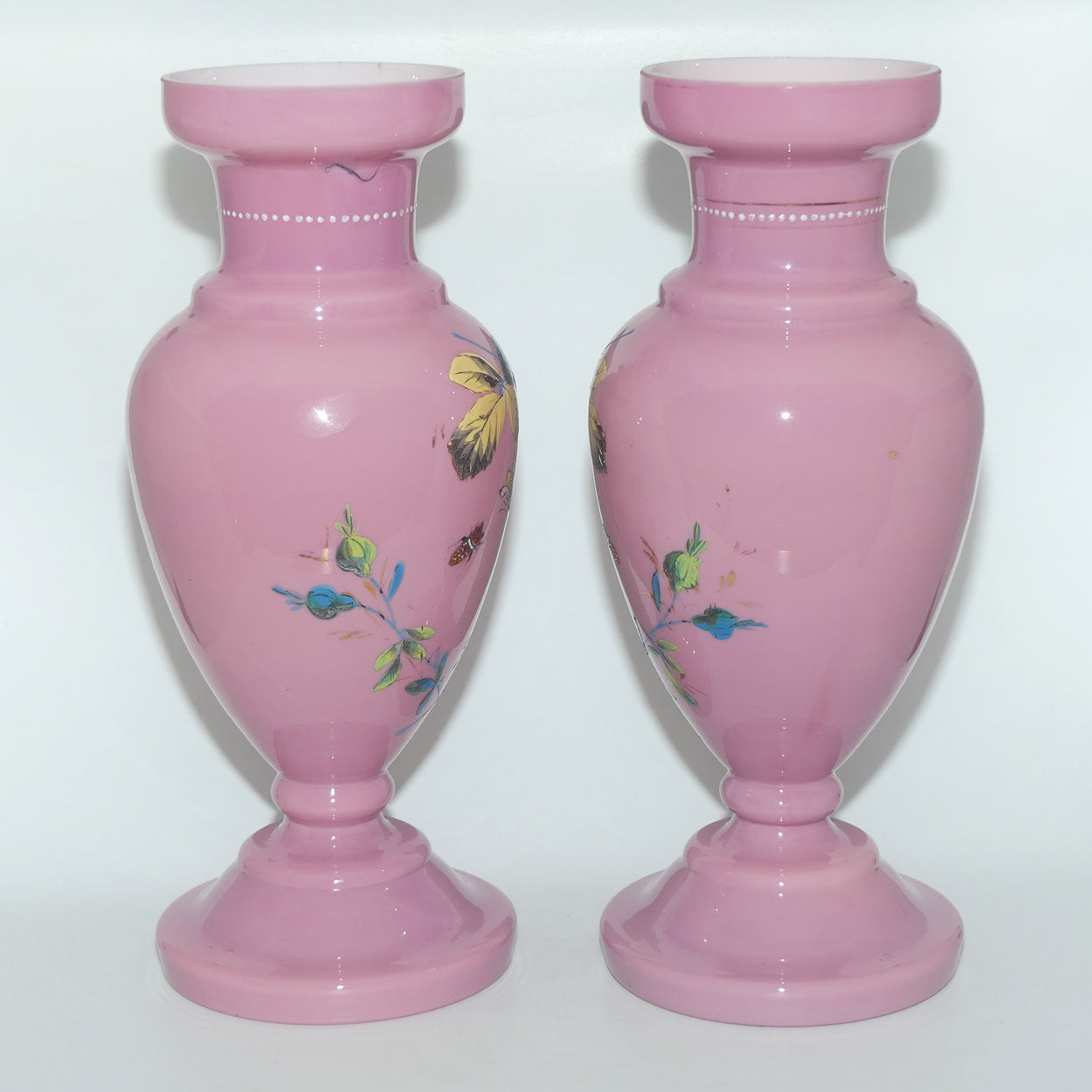 Late Victorian era Pair of Pink glass Hand Enamelled mantle vases | Floral Decor