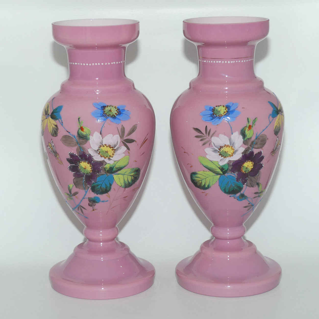Late Victorian era Pair of Pink glass Hand Enamelled mantle vases | Floral Decor