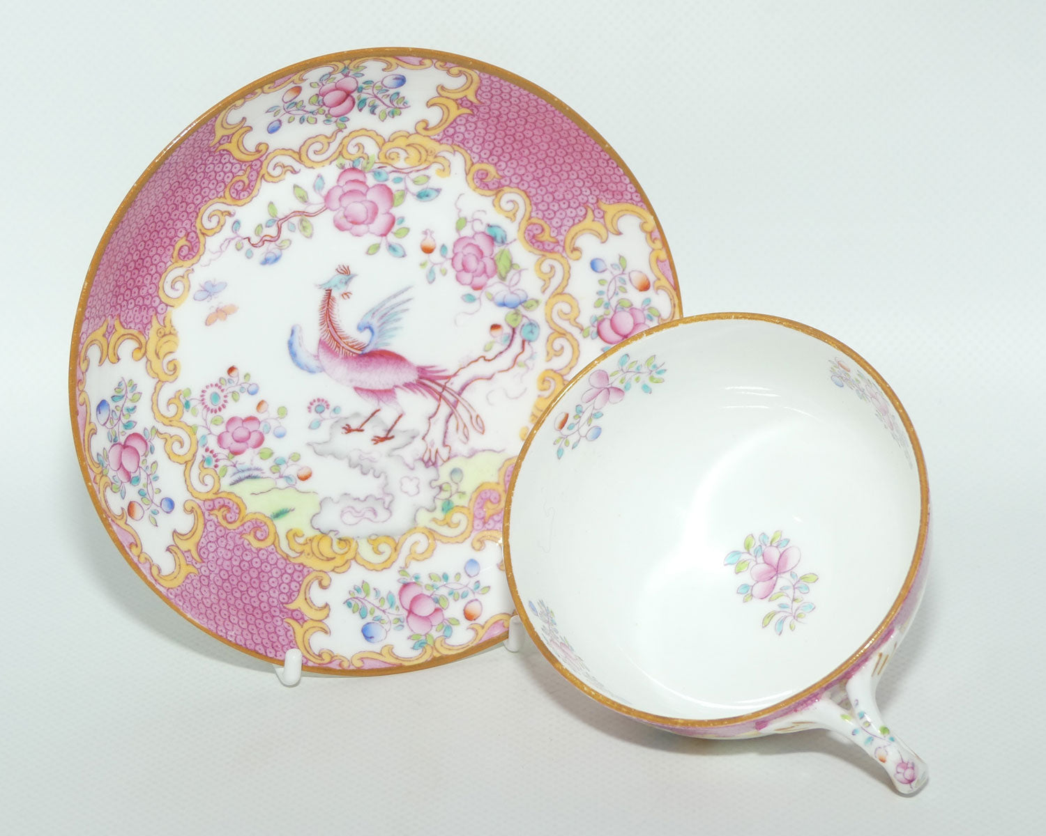 Mintons Pink Asiatic Pheasant tea duo | Fancy handle | c.1915