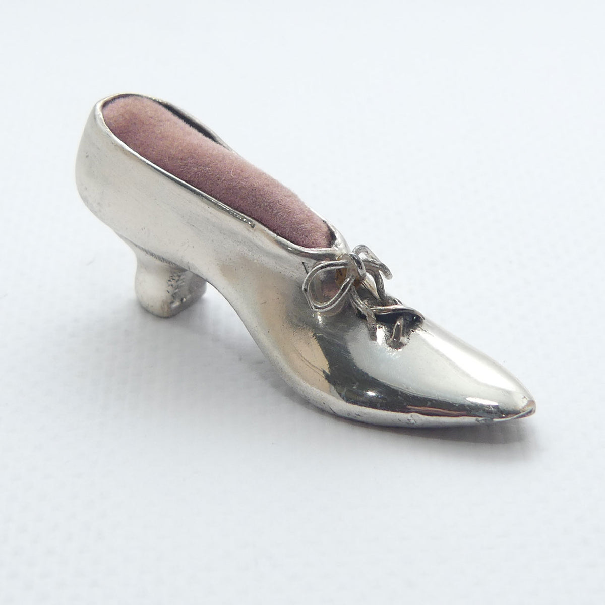 Fine quality Edwardian era Silver Plate slipper pin cushion | Pink Cushion