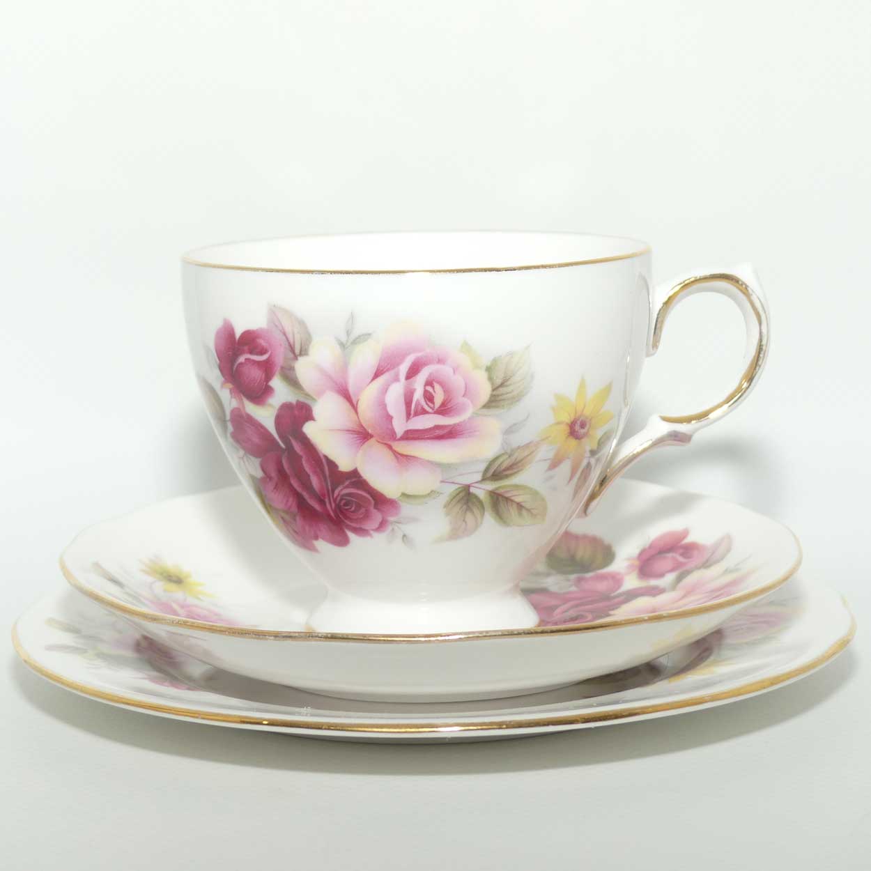 Queen Anne Bone China varied Roses pattern trio