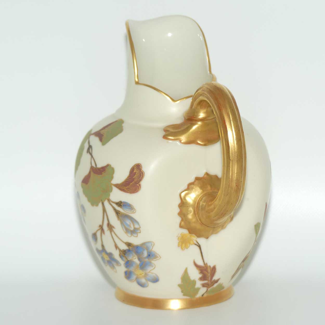 Royal Worcester Blush Ivory hand painted pink and blue floral smaller flatback jug (signed BN)