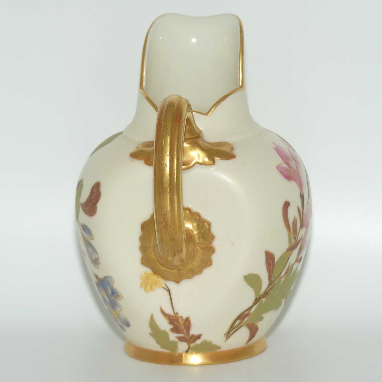 Royal Worcester Blush Ivory hand painted pink and blue floral smaller flatback jug (signed BN)
