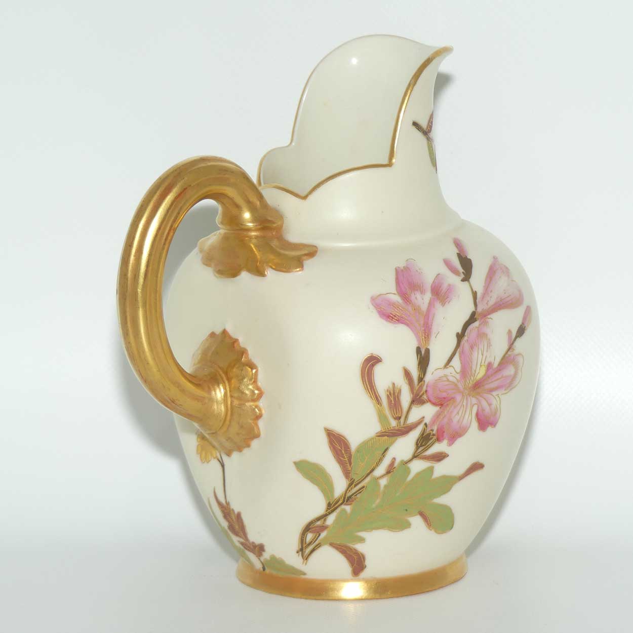 Royal Worcester Blush Ivory hand painted pink and blue floral smaller flatback jug (signed BN)