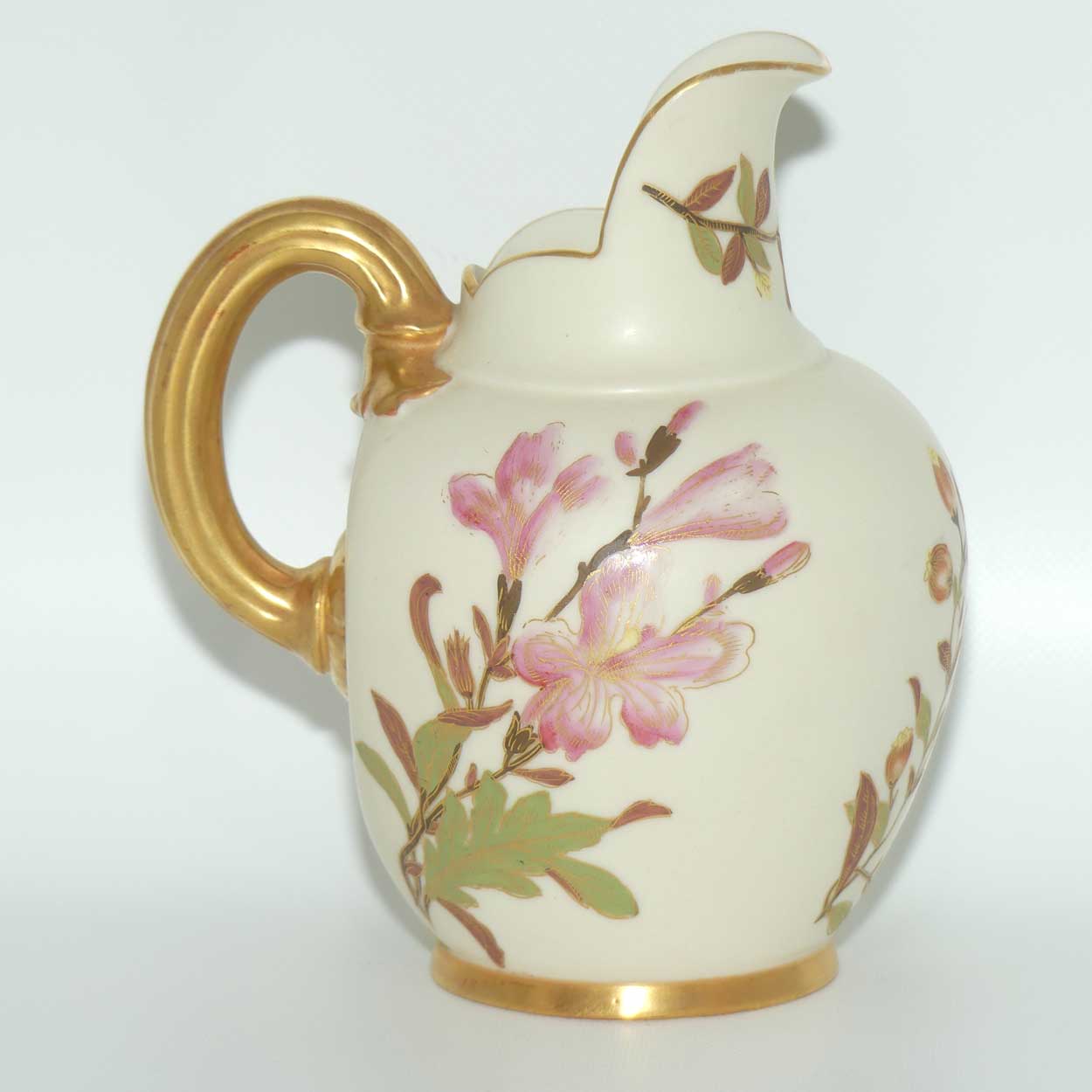 Royal Worcester Blush Ivory hand painted pink and blue floral smaller flatback jug (signed BN)