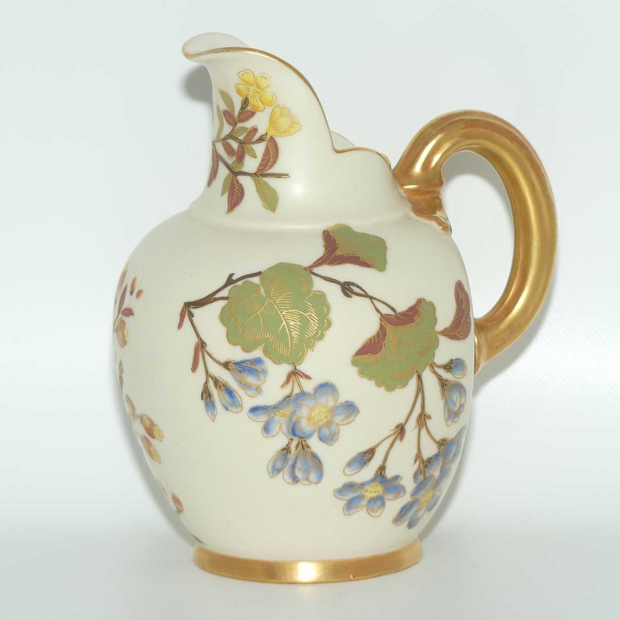 Royal Worcester Blush Ivory hand painted pink and blue floral smaller flatback jug (signed BN)