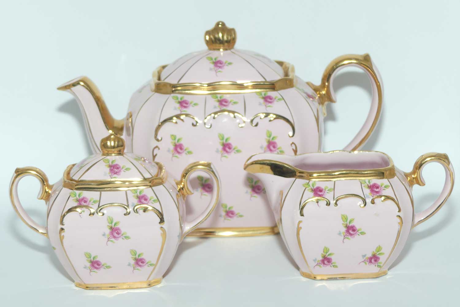 Sadler Pale Pink and Roses Gilt 3 piece tea set | pattern 1936