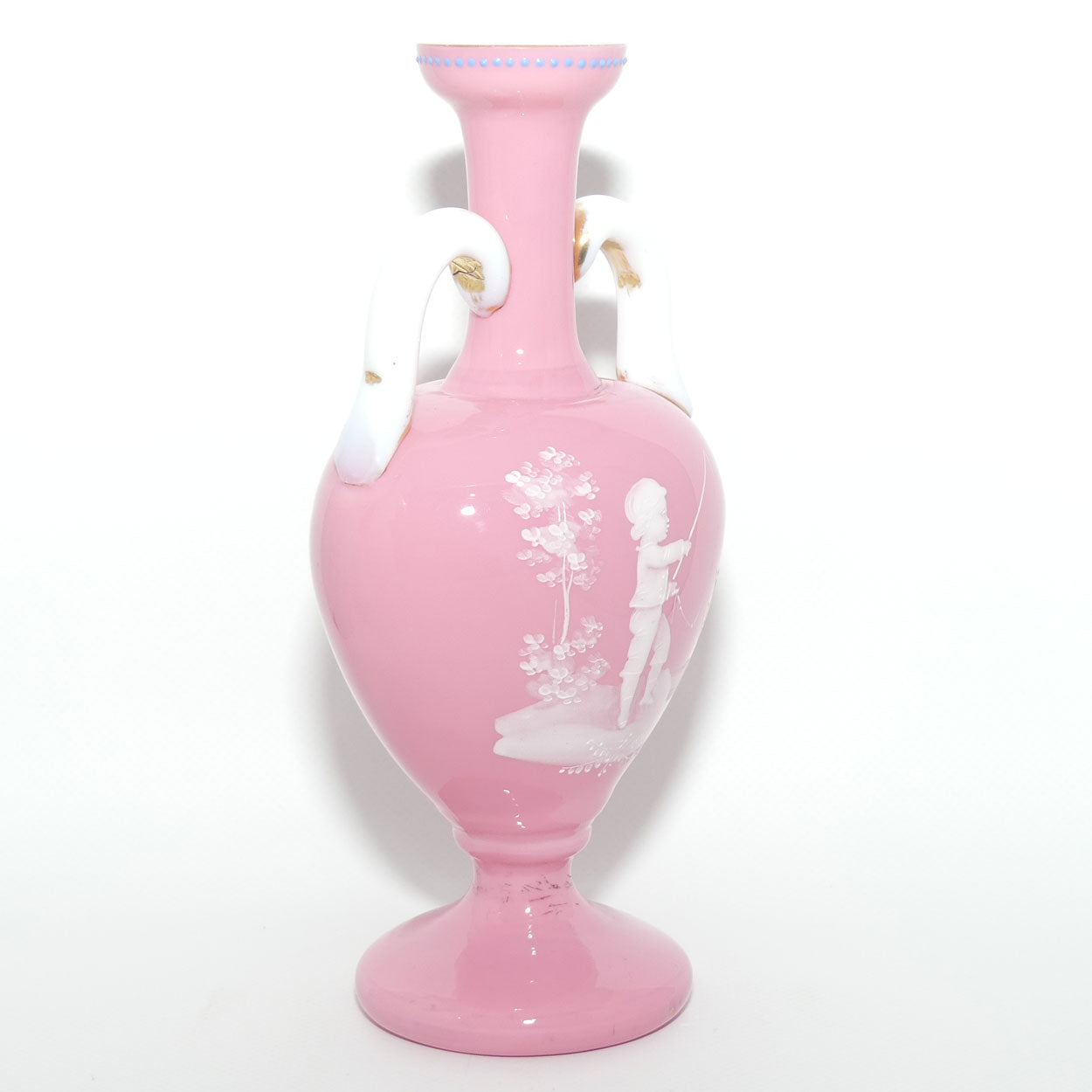 Mary Gregory on Pink Overlay glass twin handle vase | Boy Fishing