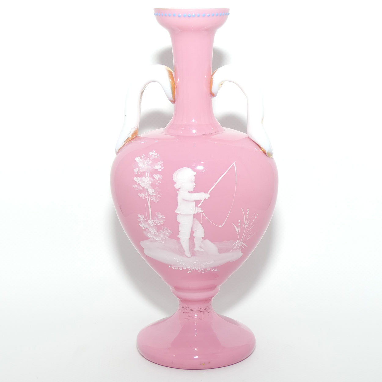 Mary Gregory on Pink Overlay glass twin handle vase | Boy Fishing