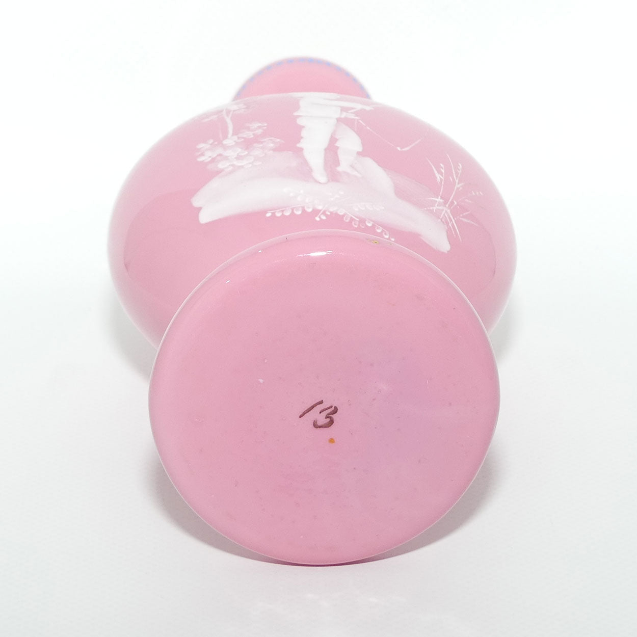 Mary Gregory on Pink Overlay glass twin handle vase | Boy Fishing