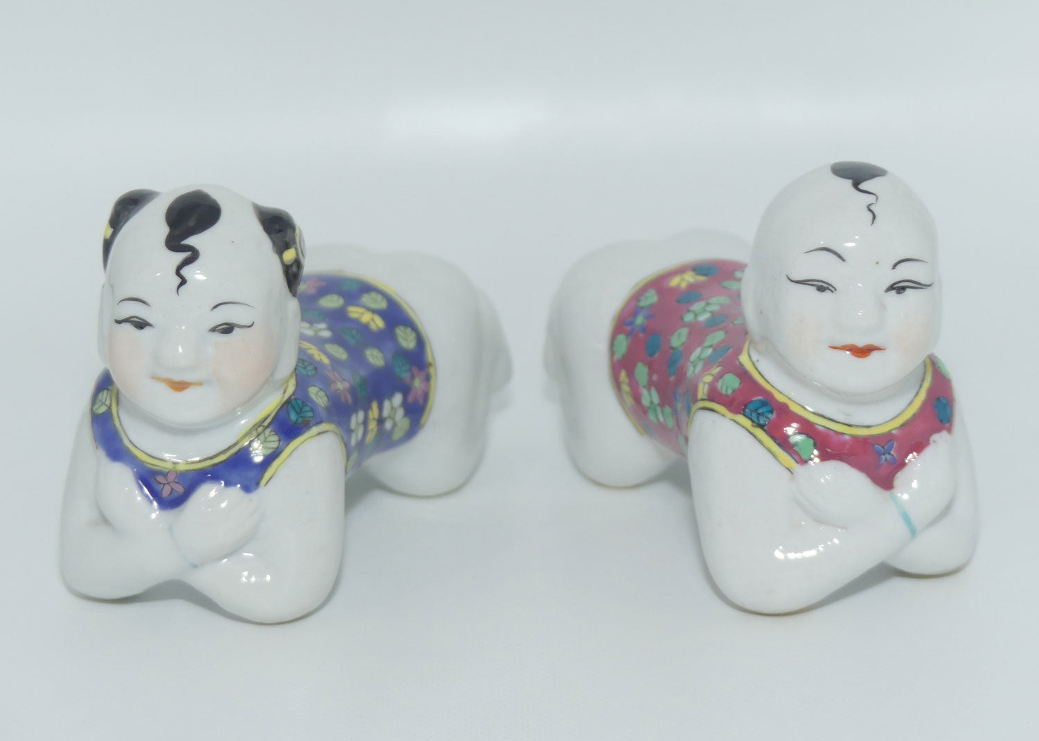 Pair Chinese Boy and Girl figural miniature Opium Pillow Pipe Rests | Chopstick Rests