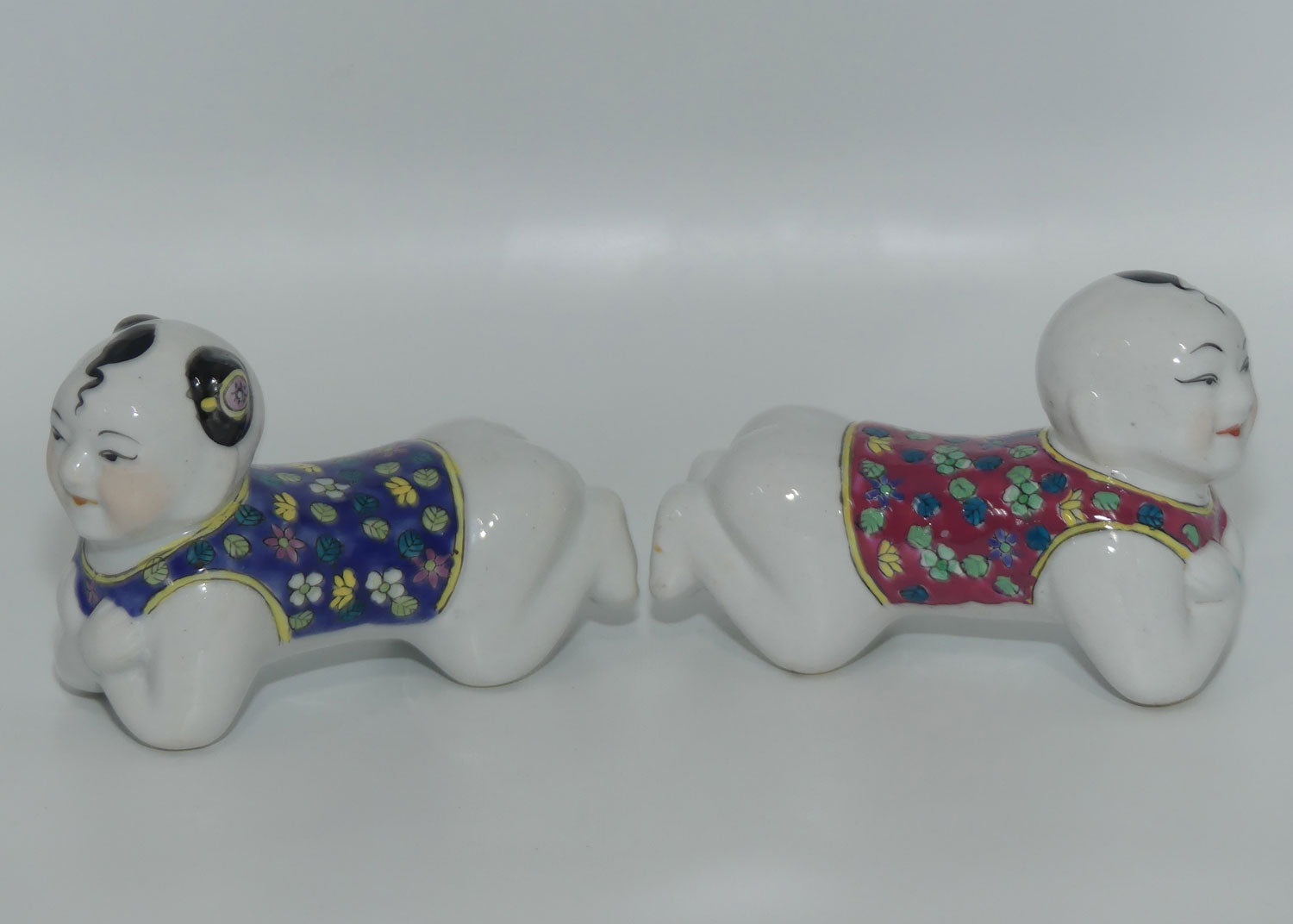 Pair Chinese Boy and Girl figural miniature Opium Pillow Pipe Rests | Chopstick Rests