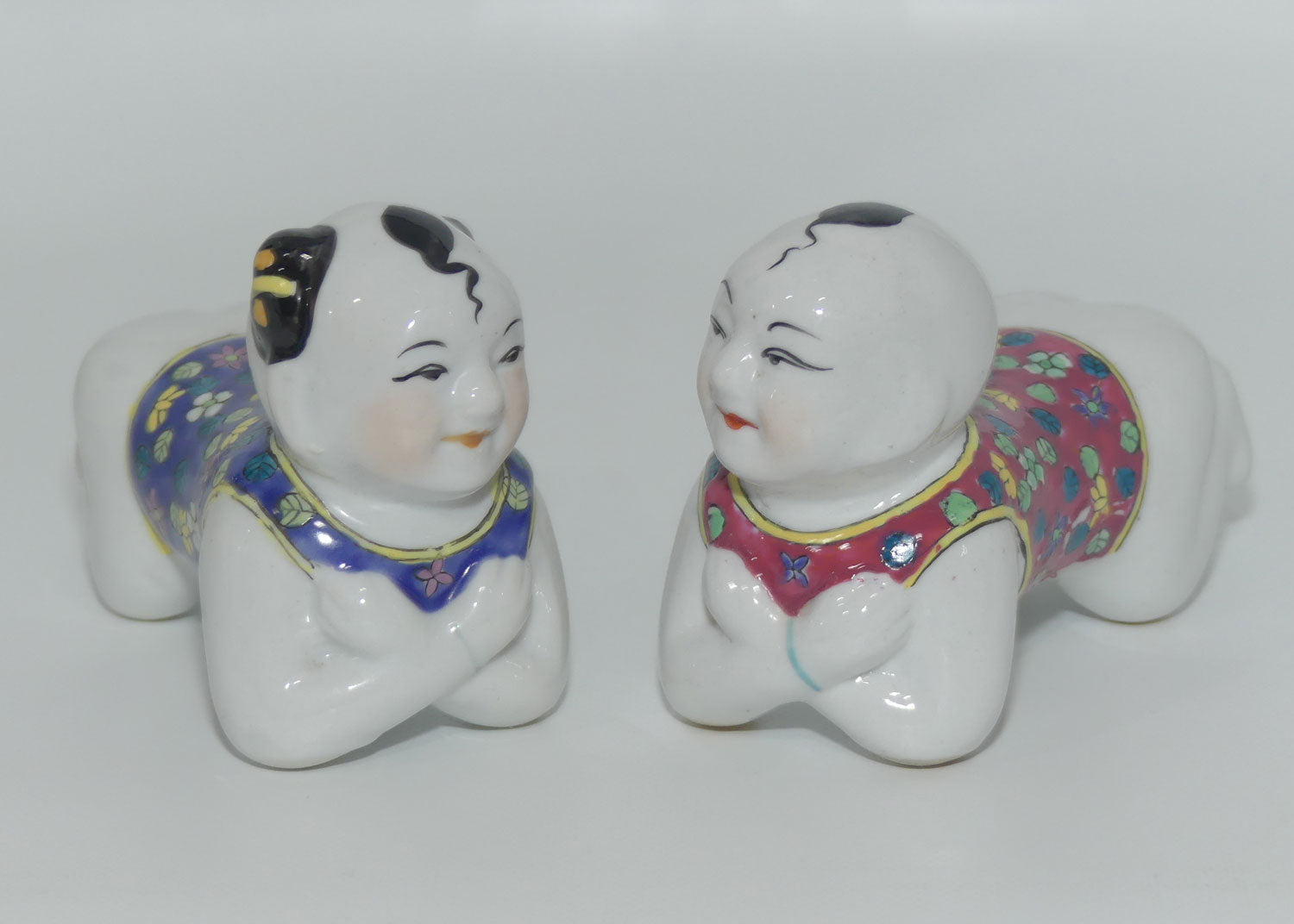 Pair Chinese Boy and Girl figural miniature Opium Pillow Pipe Rests | Chopstick Rests