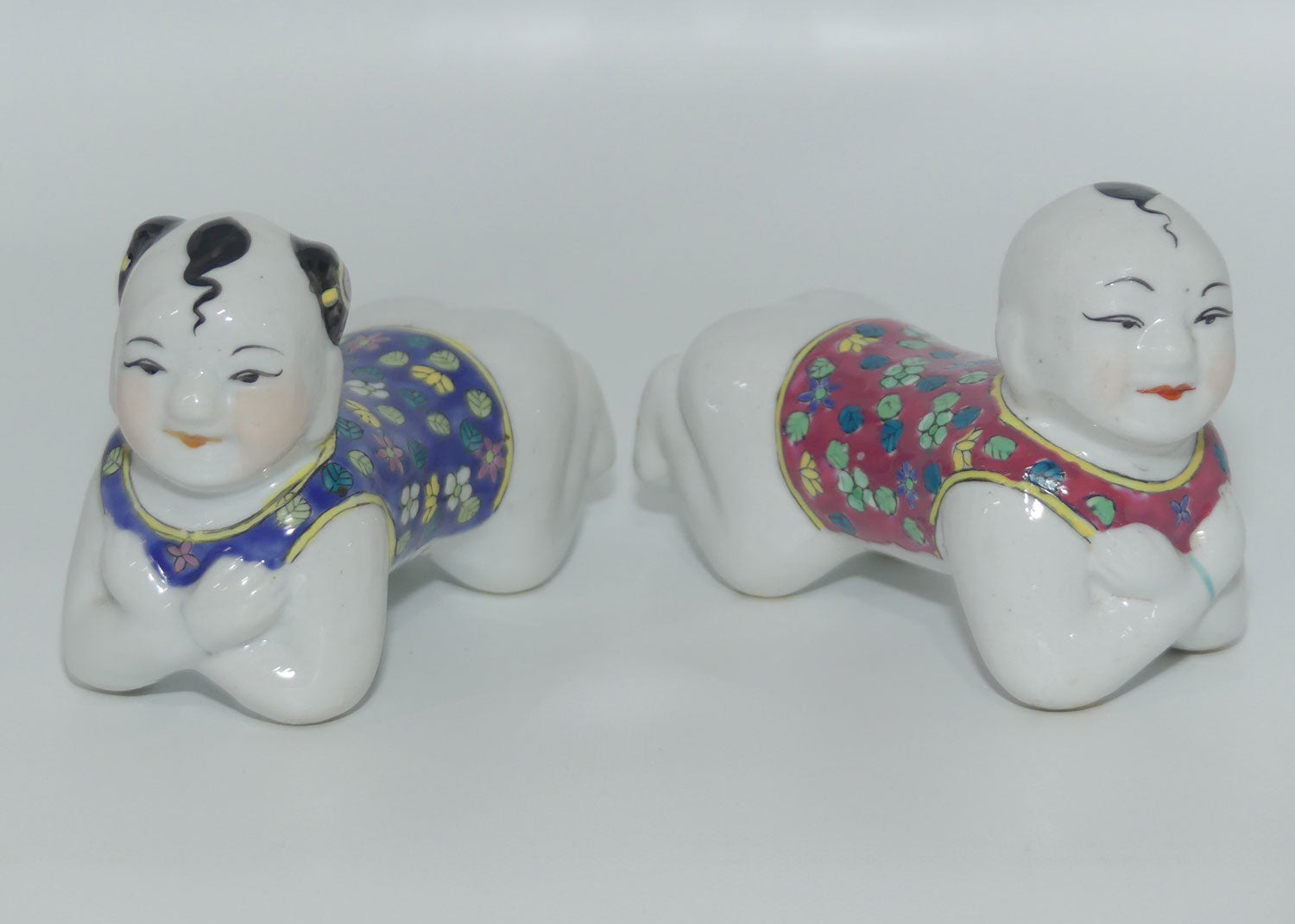 Pair Chinese Boy and Girl figural miniature Opium Pillow Pipe Rests | Chopstick Rests