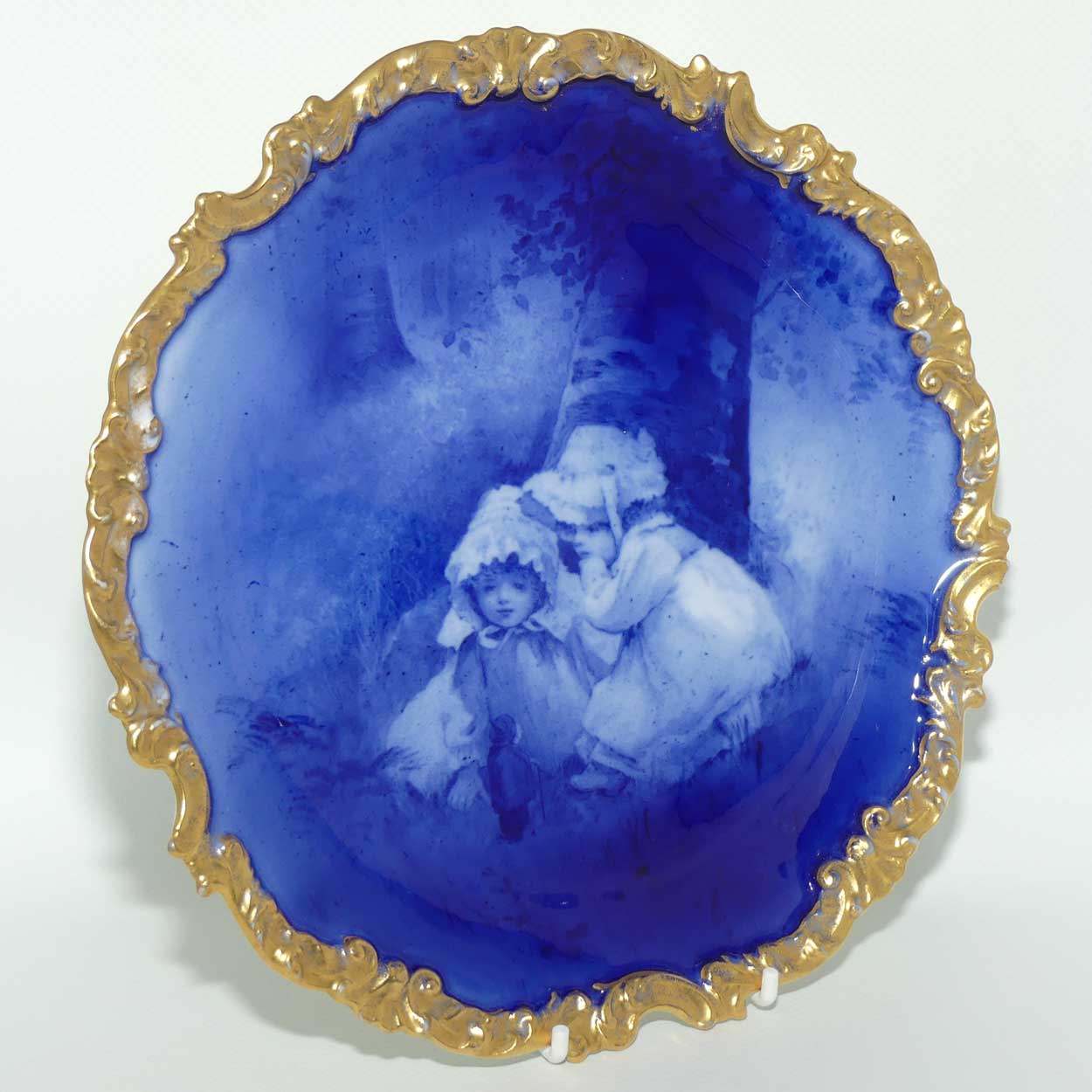 Doulton Burslem Blue Childrens fancy plate with gilt border (Two girls & tiny witch)