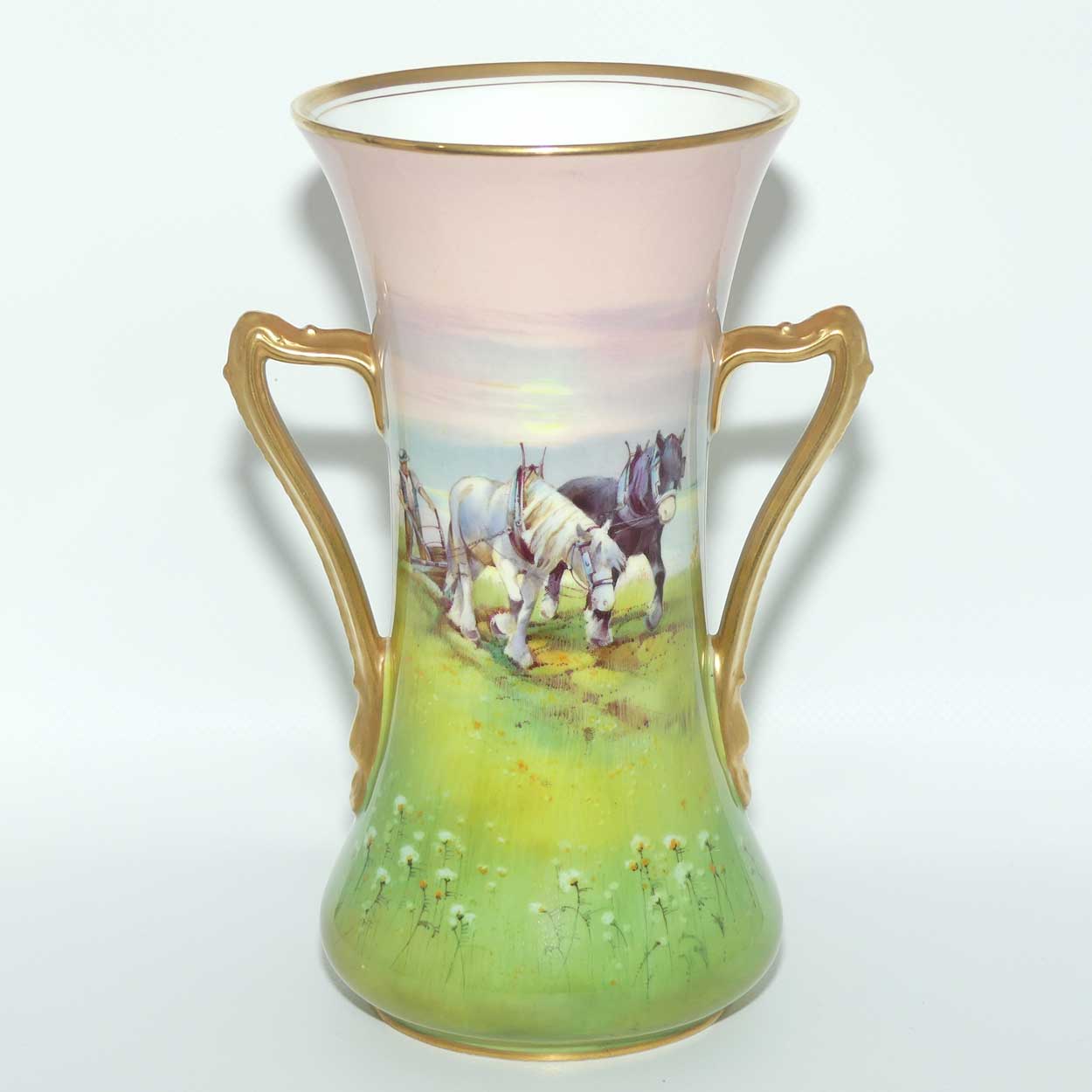 Royal Doulton hand painted Farmer Ploughing and Heavy Horses twin handle vase