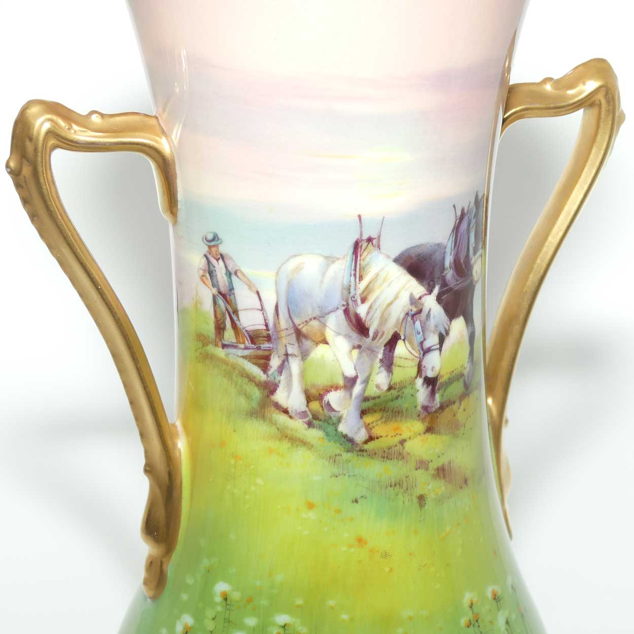 Royal Doulton hand painted Farmer Ploughing and Heavy Horses twin handle vase