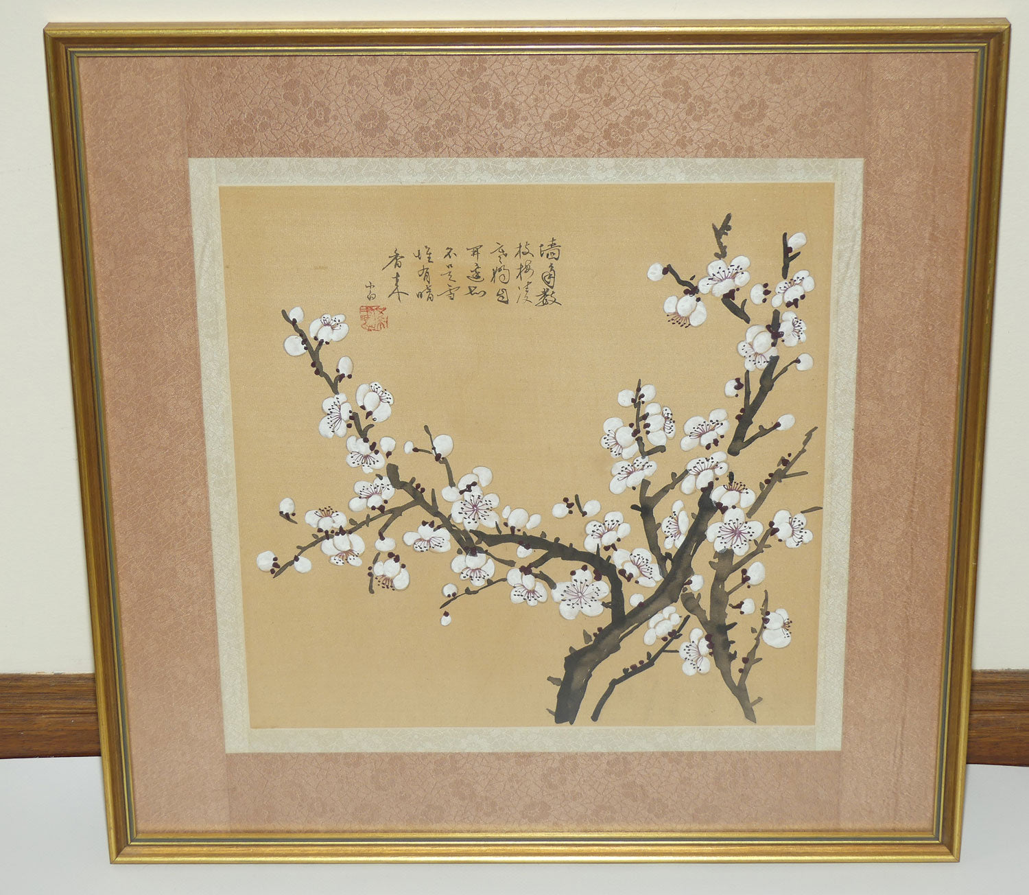 Framed Painting on Silk | Traditional Chinese Ink and Wash painting featuring White Plum Blossoms