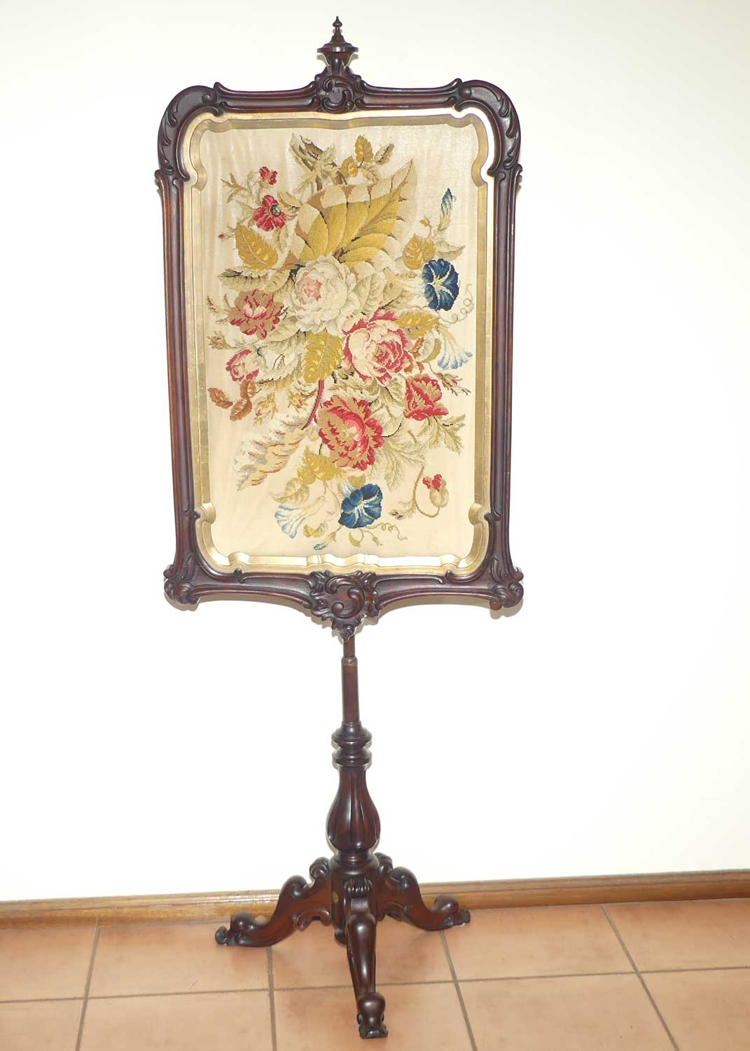Victorian era Rosewood Floral tapestry Pole Screen on tripod base