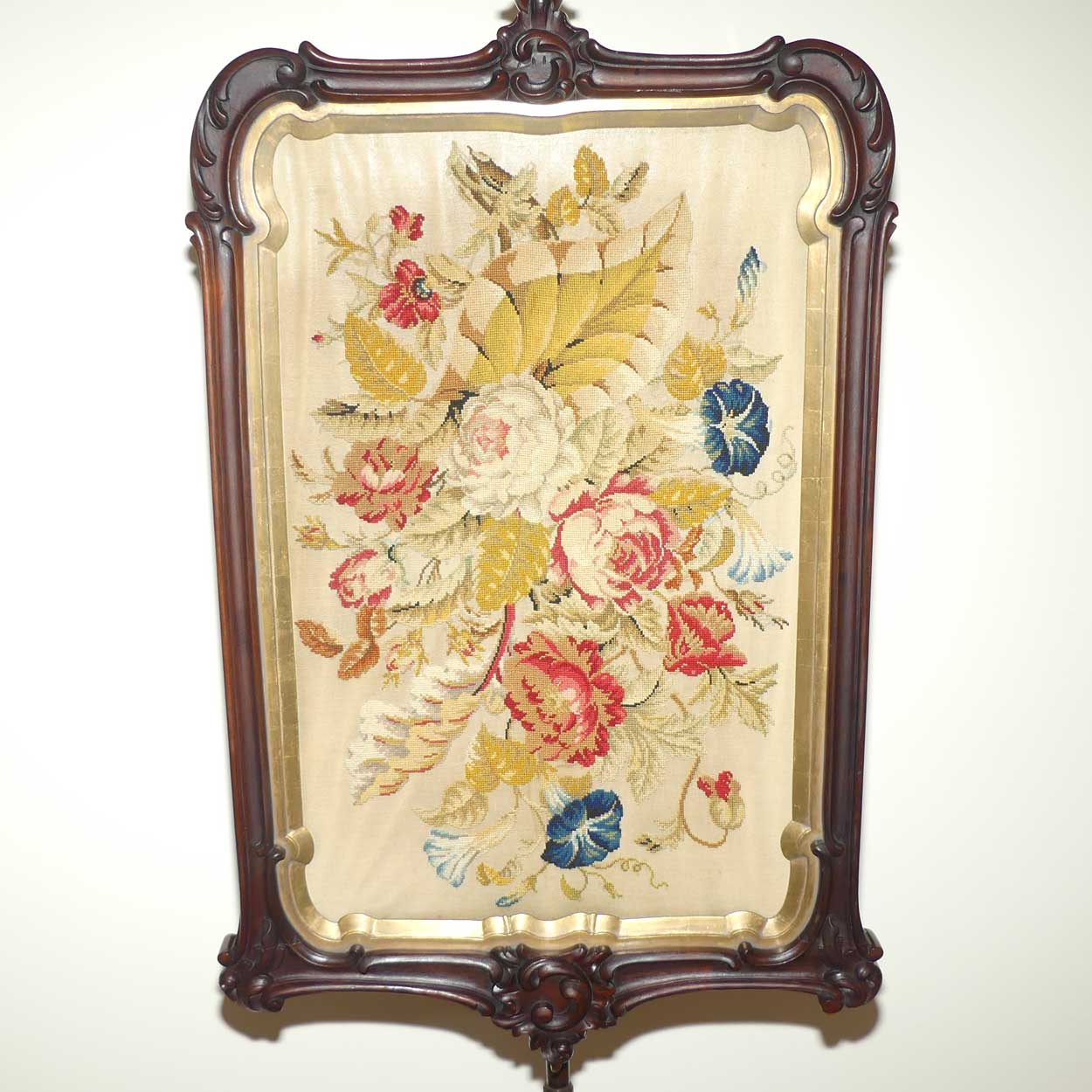 Victorian era Rosewood Floral tapestry Pole Screen on tripod base