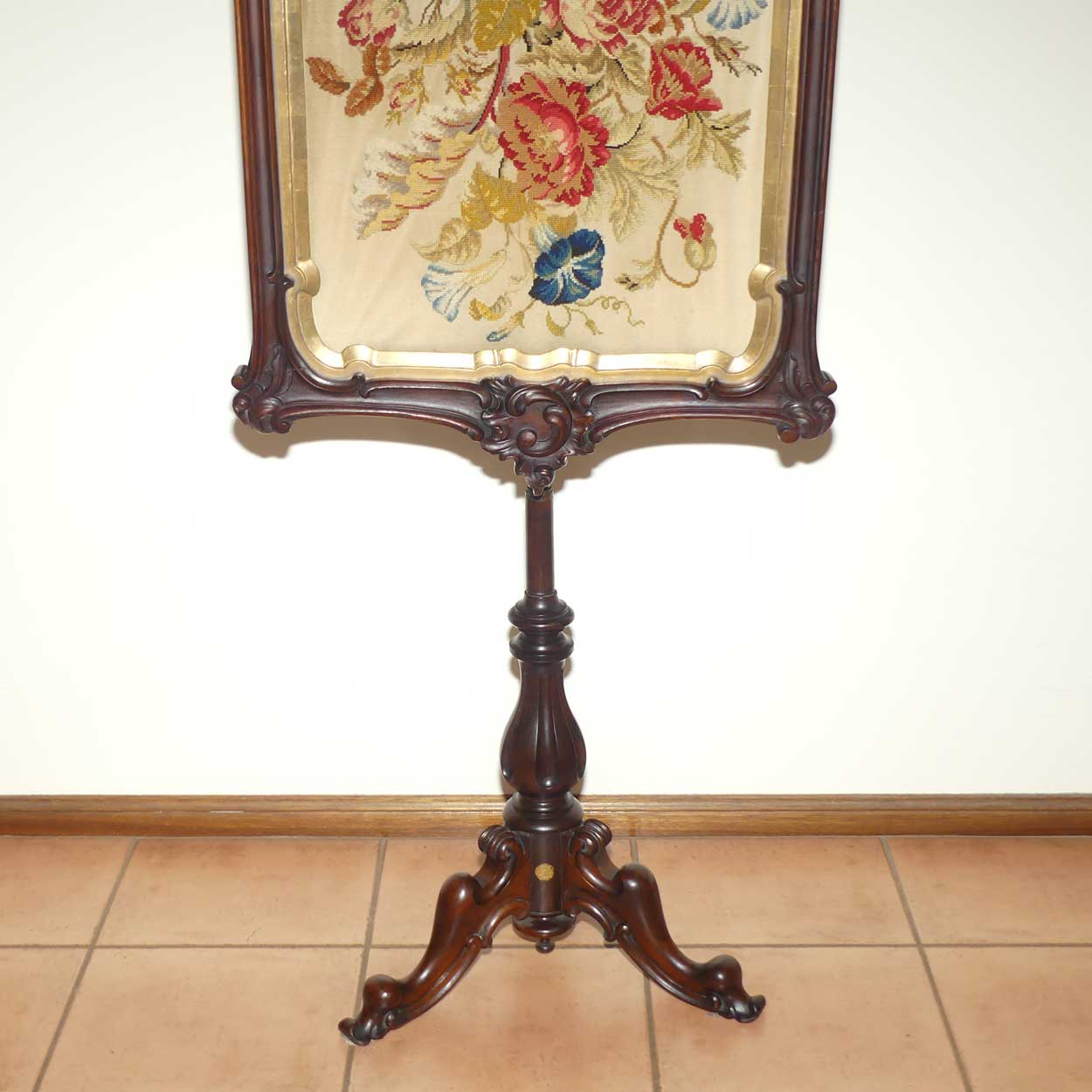 Victorian era Rosewood Floral tapestry Pole Screen on tripod base