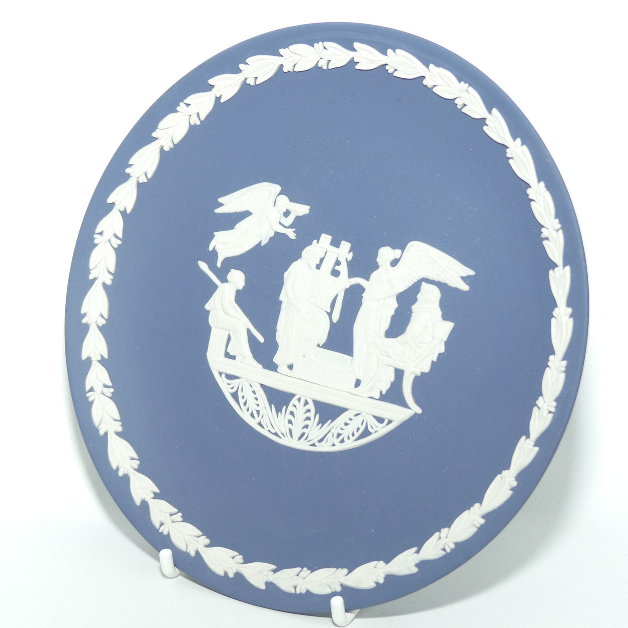Wedgwood Jasper | White on Portland Blue plate | Seated Roman, 3 Angels and Harpist | #2 | 16.7cm diam