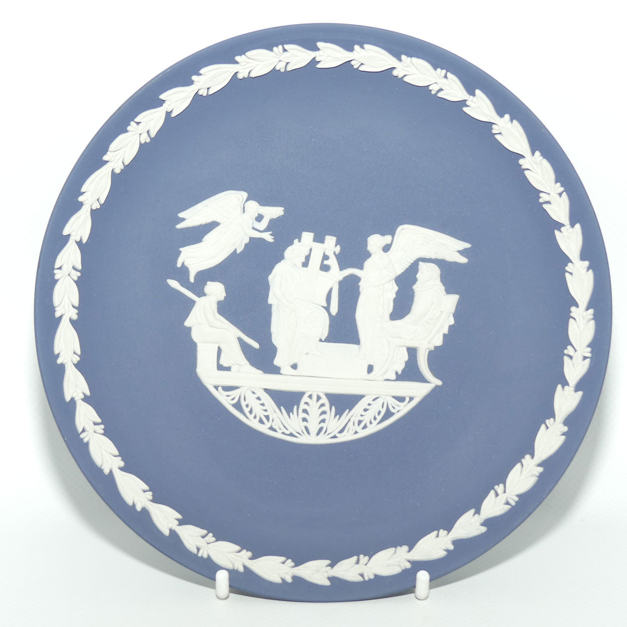 Wedgwood Jasper | White on Portland Blue plate | Seated Roman, 3 Angels and Harpist | #2 | 16.7cm diam