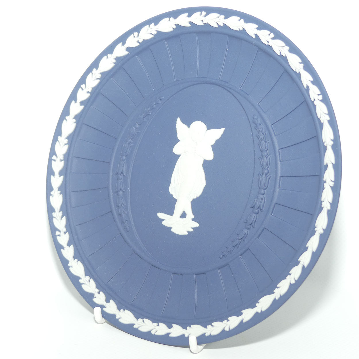 Wedgwood Jasper | White on Portland Blue plate | Cherub playing Dual Trumpets | 16.8cm diam